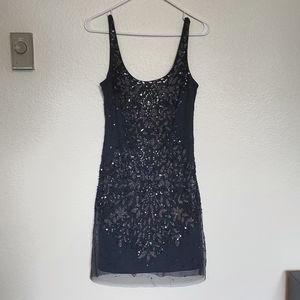 Navy blue sequin and bead cocktail dress